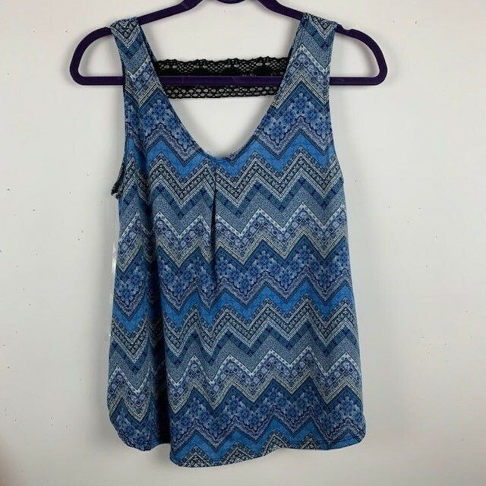 Bobbie Brooks Womens Size Medium Blue White Sleeveless Scoop Neck Loose Fit Lace